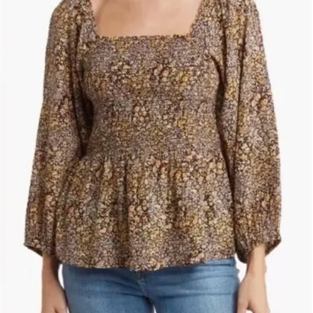Madewell Floral Square Neck Blouse - Brown and Yellow